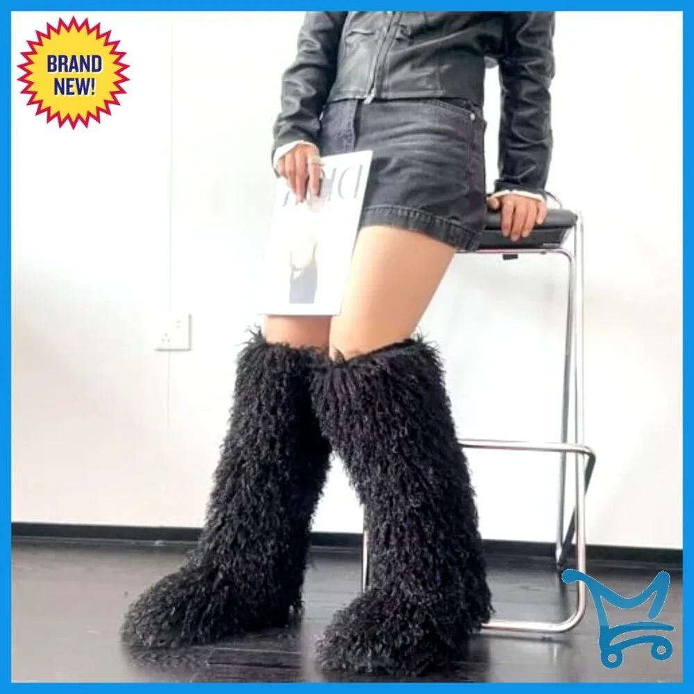 Faux Fur Tall Winter Boots, Mid-Calf Snow Boots, Pull-On Fuzzy Boots